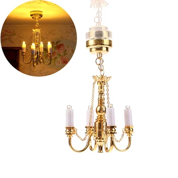 1 шт. Миниатюрная лампа для кукольного домика, светодиодный потолочный светильник, золотая люстра, подвесное Освещение, модель мебели для дома, игрушка для декора