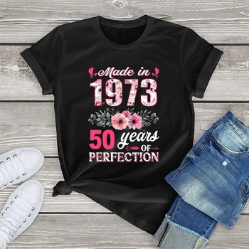100% Хлопок, Сделано в 1973 году, 50-летние Подарки на 50-й День Рождения с цветочным Рисунком, Женская Повседневная футболка с цветами, Футболка в стиле Харадзюку, Модная Летняя рубашка