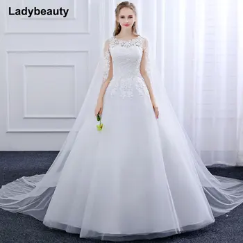 2018 Новое Бальное платье Vestido De Novia, Тюлевое Свадебное платье с Круглым вырезом, Кружевная вышивка, аппликация, длинная шаль, белое свадебное платье