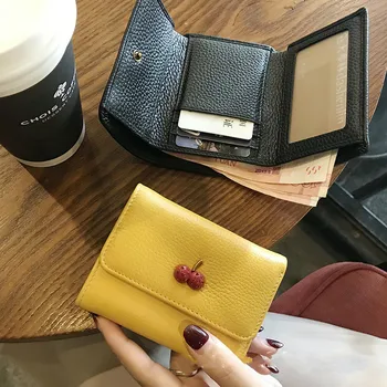2020, Женский короткий кошелек из натуральной кожи с тремя складками, Вишневый дизайн, Кожаный кошелек с короткими складками, сумка для денег