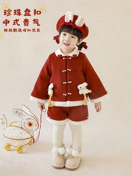 2022, Зимний Детский Плюшевый костюм с кроликом и пуговицами, хлопковый костюм для маленьких девочек, Милое Утепленное пальто, Шорты