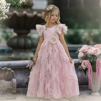 2022 Милое розовое платье с цветочным узором для девочек на свадьбу, фатиновое праздничное платье для девочек с открытой спиной, платье для первого причастия, детское праздничное платье