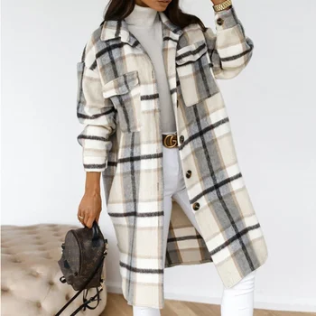 2022 Однобортный тренч, Модная Длинная Осенне-зимняя Женская одежда, Шерстяное пальто в клетку с рукавами