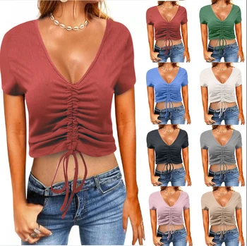2023, Весенне-летняя новая женская футболка, Модная Повседневная тонкая футболка с V-образным вырезом на завязках, женский топ