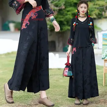 2023 женские атласные жаккардовые брюки в этническом стиле харадзюку, китайская винтажная длинная широкая юбка, брюки с национальной цветочной вышивкой, ретро-брюки