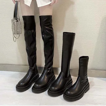 2023 Женские Длинные сапоги, Черные пикантные ботфорты выше колена, женская осенне-зимняя обувь, Кожаные ботильоны на платформе, Женская обувь без застежки