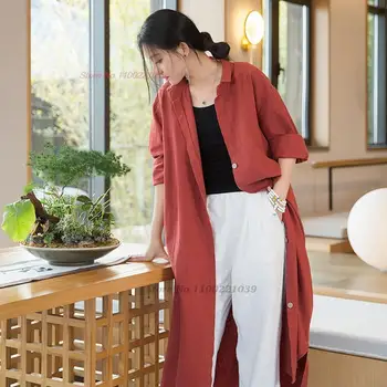 2023 китайская винтажная солнцезащитная одежда женская ретро-националь тренч из хлопка и льна кардиган свободная верхняя одежда для медитации
