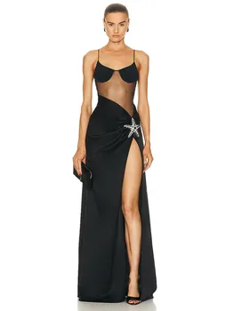 2023 Новое женское сексуальное сетчатое платье на бретельках в стиле пэчворк с высоким разрезом, бандажное длинное платье со звездами, облегающее коктейльное платье