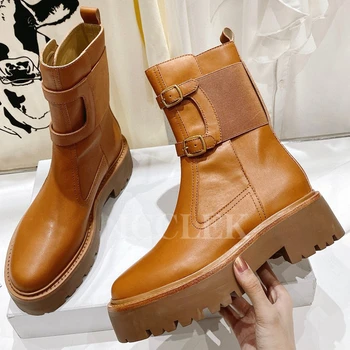 2023 Новые Короткие сапоги, Осенние женские ботинки на платформе с круглым носком в стиле ретро Из натуральной кожи, Увеличивающие рост, Женская обувь