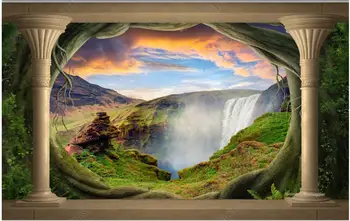 3d обои с пользовательской фотообоей Римская колонна дерево пещера горный водопад пейзаж домашний декор 3D фотообои на стену