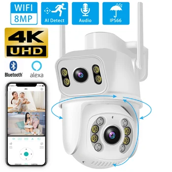 4K WIFI Камера 8MP PTZ Беспроводная Безопасная Наружная IP-камера видеонаблюдения С Двойным Объективом Цветного ночного видения Высокой четкости Icsee App