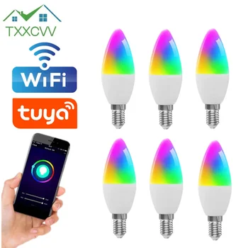 6шт Tuya WiFi E14 Свеча RGB светодиодная лампочка 100-240 В Умная лампа с регулируемой яркостью, работающая с Alexa лампой Google Home Яндекс Алиса