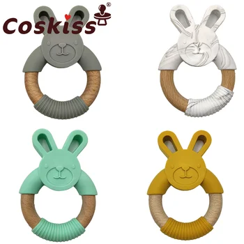 Coskiss 5 шт. Силиконовое кольцо для прорезывания зубов с кроликом, аксессуары для кормления из натурального дерева, Пищевой силикон, игрушки для прорезывания зубов для младенцев