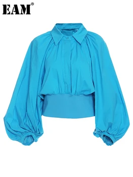 [EAM] Женская Синяя Плиссированная Короткая Блузка, Новая Рубашка Свободного Кроя с Длинным рукавом-фонариком и Отворотом, Модный Прилив, Весна-Осень 2023 1DD3820