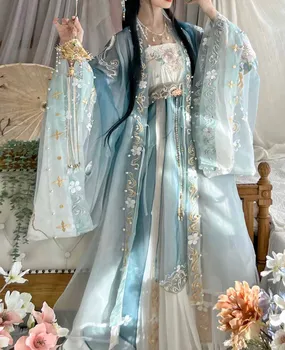 Hanfu Платье Женское градиентного синего цвета с высококачественной вышивкой, традиционные китайские винтажные комплекты Hanfu, женский карнавальный костюм для Косплея