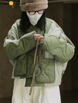 HanOrange 2022 Зимняя Контрастная Куртка с Хлопчатобумажной Подкладкой, Женская Свободная Легкая Повседневная Теплая Парка, Женский Дизайнерский Дизайн, Черный/Зеленый