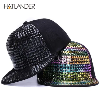 [HATLANDER] Индивидуальные бейсболки с блестками, уличные шляпы с плоскими полями, кепки для девочек и мальчиков, кепки в стиле панк, кепки в стиле джаз-рок, крутые кепки в стиле хип-хоп