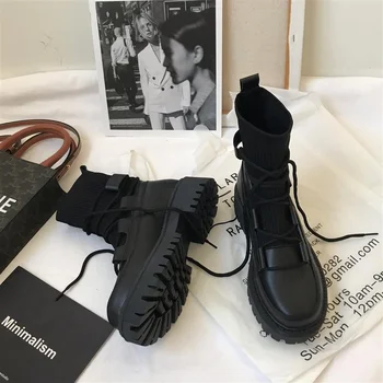 HOUZHOU/ Женские Ботильоны на платформе, 2021 г., Вязаная обувь до середины икры из искусственной кожи в стиле панк, Готический черный цвет, осень-зима, Харадзюку
