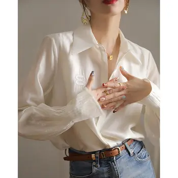 HOUZHOU Элегантные винтажные рубашки, женские Роскошные офисные женские туфли с длинным рукавом, Атласный топ, эстетичная корейская мода, Белая блузка, Женская