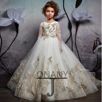 JONANY Изысканное платье с цветочным узором для девочек, Длинные рукава, аппликации, Шлейф, Индивидуальное Бальное платье Принцессы Флористы для маленьких девочек