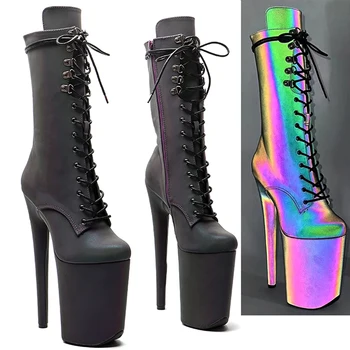 Leecabe 23 см/9 дюймов, сексуальные сапоги из искусственной кожи со светоотражающим материалом, обувь для танцев на высоком каблуке и платформе, обувь для танцев на шесте