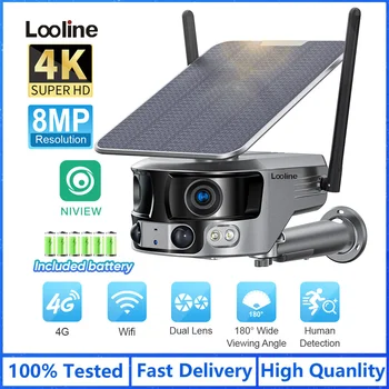 Looline 4K 8MP 180 со сверхшироким углом обзора, 4G солнечная камера безопасности, наружная WIFI, 4-кратный зум, камера видеонаблюдения с двойным объективом PIR для обнаружения человека