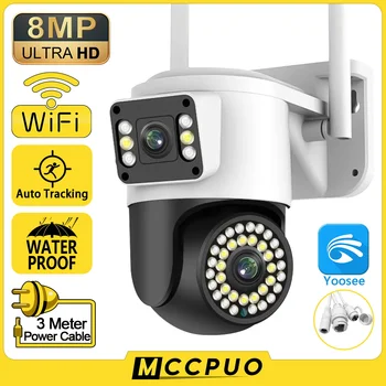 Mccpuo 4K 8MP Двухобъективная PTZ Wifi Камера с Двойным Экраном AI Human Auto Tracking 4MP Security CCTV Камера видеонаблюдения Yoosee