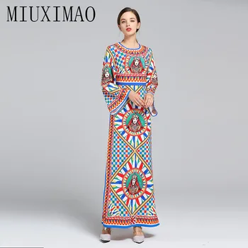 MIUXIMAO 2023 Весеннее платье с пышными рукавами и расклешенным Рисунком, Элегантное Повседневное пляжное платье с Принтом, Длинное Платье Для женщин, Vestides