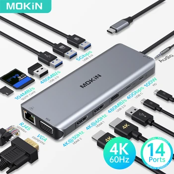 MOKiN 14 в 1 USB C Концентратор Док-станция Двойной HDMI VGA SD/TF Аудио Концентратор Type C Многопортовый адаптер Для ноутбуков Lenovo Macbook Pro