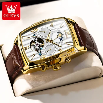 OLEVS 6675 Автоматические механические многофункциональные квадратные мужские наручные часы с Водонепроницаемым светящимся кожаным ремешком Для мужчин