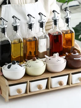 Tarro de condimentos de cocina de estilhogar, juego de salero de cerámica, botella de aceite de vidrio, caja de condimentos