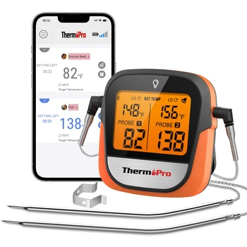 ThermoPro TP902, подключенный по Bluetooth, приложение для телефона, Беспроводной 135 М Двойной датчик с подсветкой, Цифровой термометр для мяса для приготовления пищи на кухне