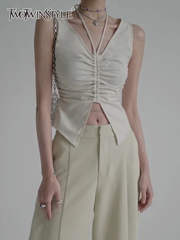 TWOTWINSTYLE, однотонные минималистичные топы на бретелях для женщин с V-образным вырезом, без рукавов, Сексуальные Майки, Женская корейская модная летняя одежда, Новый стиль
