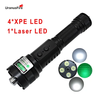 Uranusfire Мощный Охотничий Зеленый лазерный тактический фонарик 520nm Torch Light 18650 Аккумулятор 4 * XPE + 1 * Лазерный светодиодный лазерный фонарик