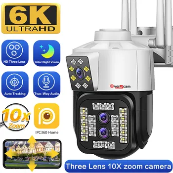 WIFI IP-камера 6K 12MP HD, Трехобъективная PTZ-камера, Наружная 10-кратная камера безопасности с двойным объективом, Водонепроницаемая камера наблюдения