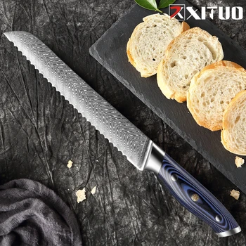 XITUO Нож для хлеба из дамасской стали, 8-дюймовый Кухонный нож с зазубринами, резак для резки хлеба, нож для выпечки сырного торта, синяя ручка G10
