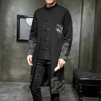 Yourqipao тренч, мужской поддельный кардиган-кимоно из двух частей, пальто, мужской Длинный китайский стиль, черные свободные винтажные хлопковые льняные топы