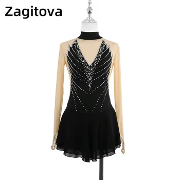 ZAGITOVA/ Платье для фигурного катания для женщин и девочек, Одежда для катания на коньках с длинными рукавами, V-образный вырез, стразы