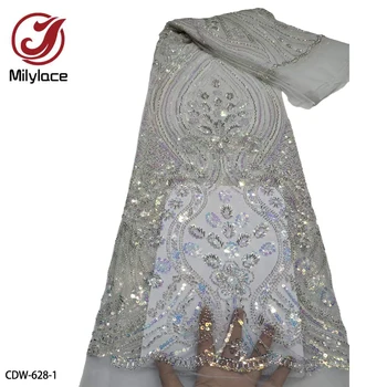 Африканская Французская кружевная ткань с бисером, Роскошная вышивка, Нигерийский Тюль, Кружевная ткань с пайетками для свадебного платья CDW-628
