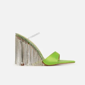 Босоножки с украшением в виде кристаллов и Бахромы Сзади, Шлепанцы, Зеленая Обувь для Женщин, Модные Туфли на шпильке, Туфли на высоком Каблуке, Вечерние 2023, Zapatillas Mujer