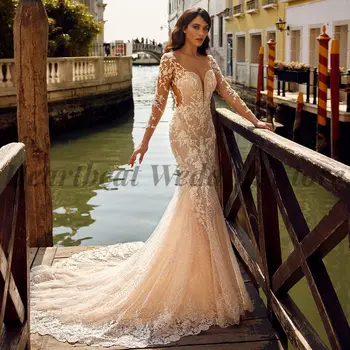 Великолепное Свадебное платье Русалки 2023 с длинным рукавом в виде сердечка, шлейфом, пуговицами сзади и аппликацией из блесток для невест