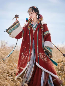Верхняя куртка с перекрестным воротником Hanfu Xuannv, юбка с улучшенной вышивкой, короткий плюшевый халат на спине, повседневный теплый зимний костюм