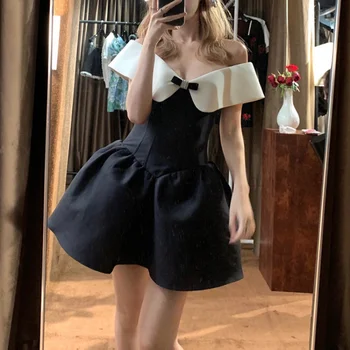 Весенне-летнее новое французское черное платье с одним плечом, нишевое дизайнерское решение, чистый темперамент, юбка fairy Pengpeng
