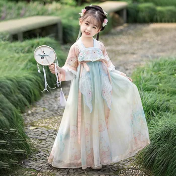 Весенне-летние детские Свободные платья с вышивкой для девочек, праздничное сценическое платье, древнекитайский традиционный костюм Hanfu