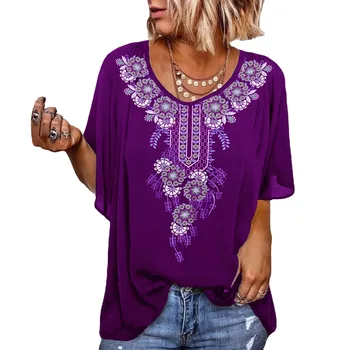 Весенне-летняя новая женская рубашка в этническом стиле, повседневная свободная футболка с принтом листьев лотоса, женская футболка