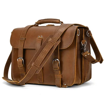 Винтажный кожаный портфель из 100% натуральной кожи, деловая сумка через плечо с чехлом, 15,6-дюймовая сумка для компьютера из коровьей кожи