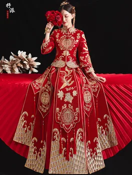 Высококачественная банкетная элегантная невеста Ципао, китайская традиционная свадебная одежда, платье Чонсам с драконом Фениксом китайская одежда