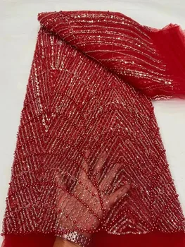Высококачественная красная Африканская Сетчатая Кружевная ткань 2023, Французская сетка, Кружевное Шитье с Блестками, Вышитый Кружевной Тюль, Кружевная ткань в Нигерийском стиле, расшитая бисером