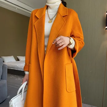 Высококачественное кашемировое женское пальто 2023 осень/зима, новое темпераментное свободное твидовое пальто средней длины с воротником в виде водной ряби