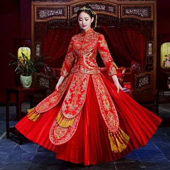 Высококачественное Красное Традиционное китайское Свадебное платье, Длинный Чонсам, ручная вышивка, Дракон Феникс, Ципао, ретро-Халат